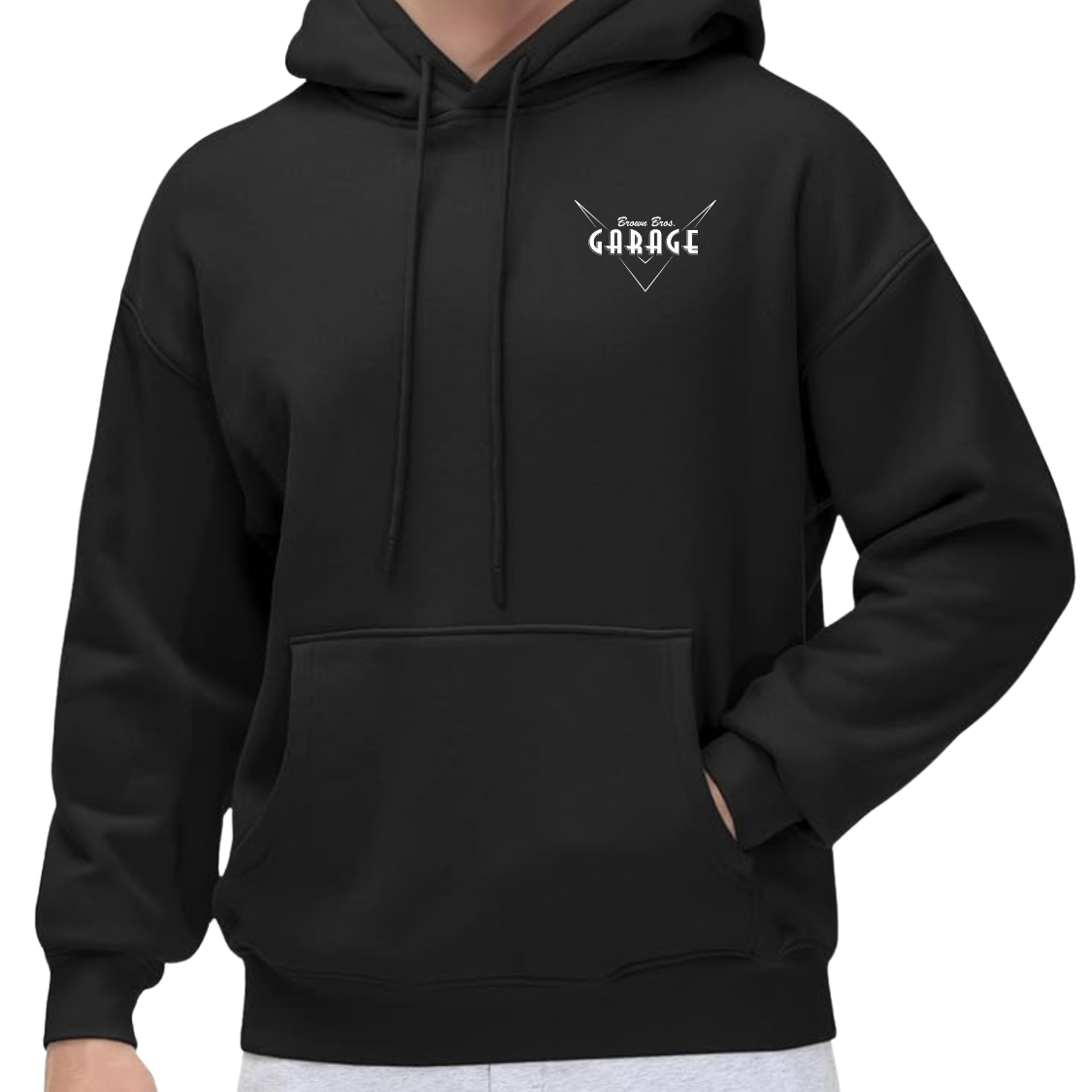 Front of the black Viking Hoodie with the Brown Bros. Garage logo on the chest
