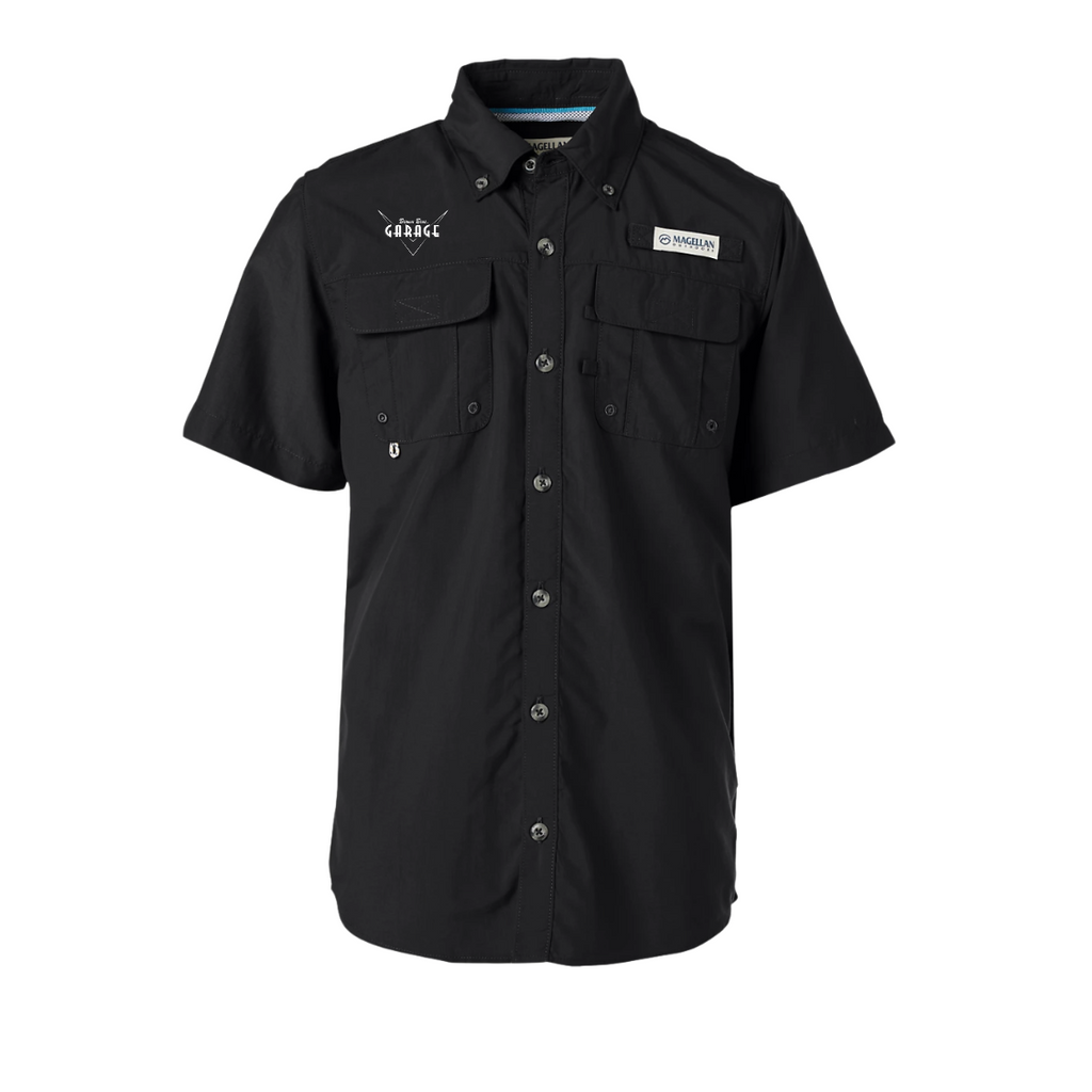 Black Magellan fishing shirt with the embroidered Brown Bros. Garage logo