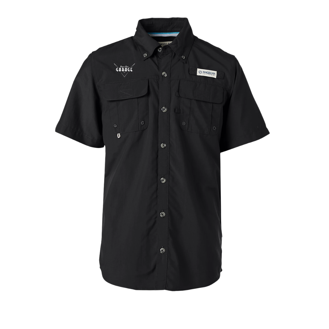 Black Magellan fishing shirt with the embroidered Brown Bros. Garage logo