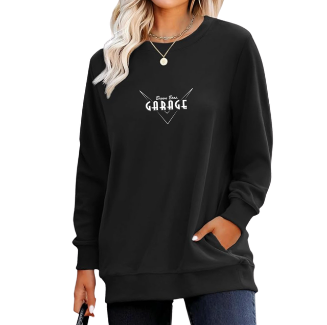 Black women's crewneck sweatshirt with the embroidered Brown Bros. Garage logo