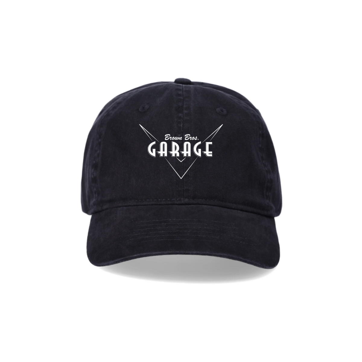 Black dad hat with the embroidered Brown Bros. Garage logo