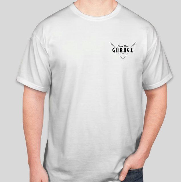 Front of the white Viking Tee with the Brown Bros. Garage logo on the chest