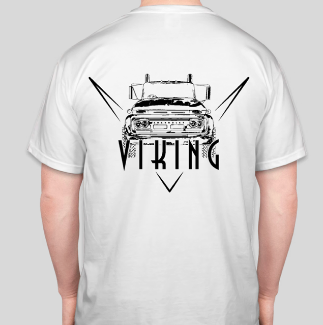 Back of the white Viking Tee with the Brown Bros. Viking truck graphic