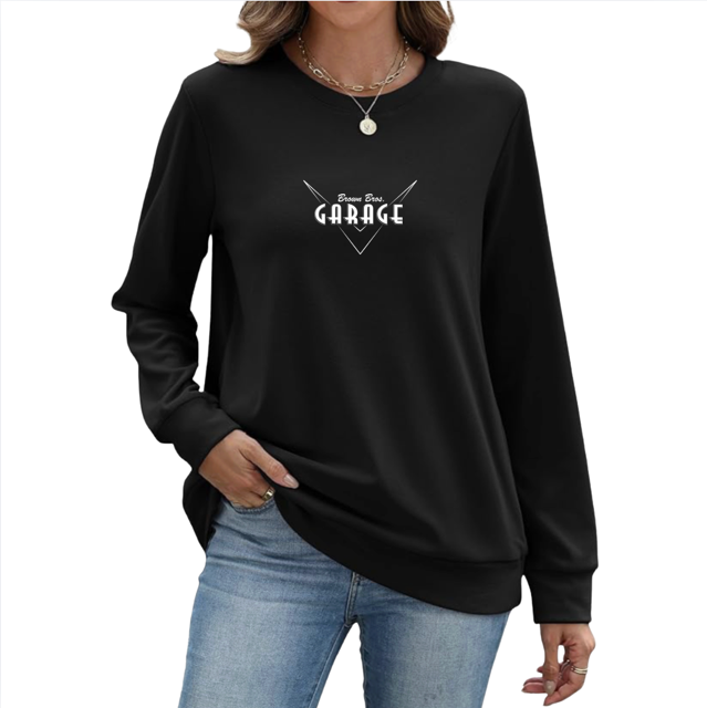Women's black sweatshirt with the white embroidered Brown Bros. Garage logo, front view
