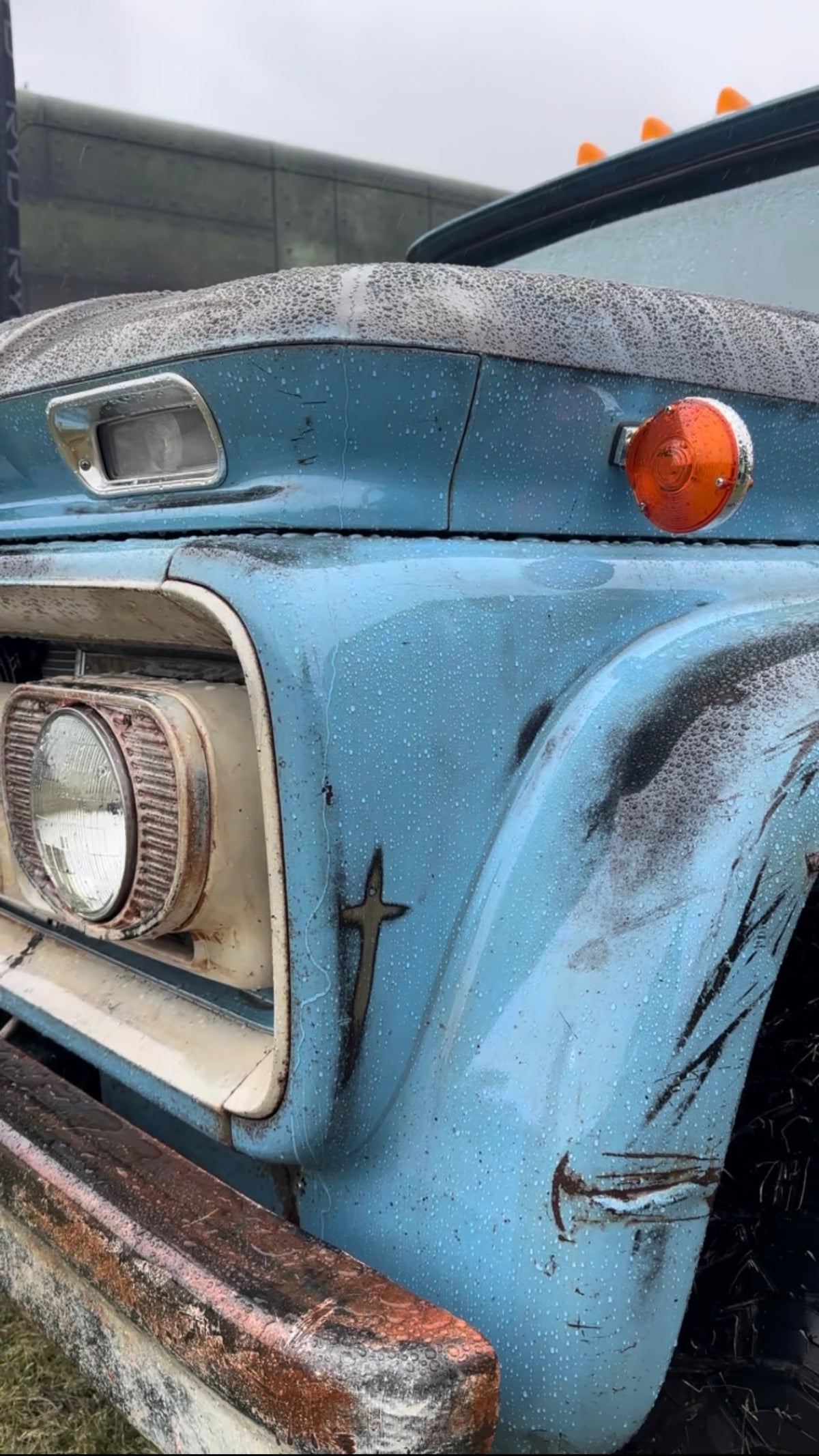 Eeyore, a blue 1962 Chevy Viking, fender and headlight