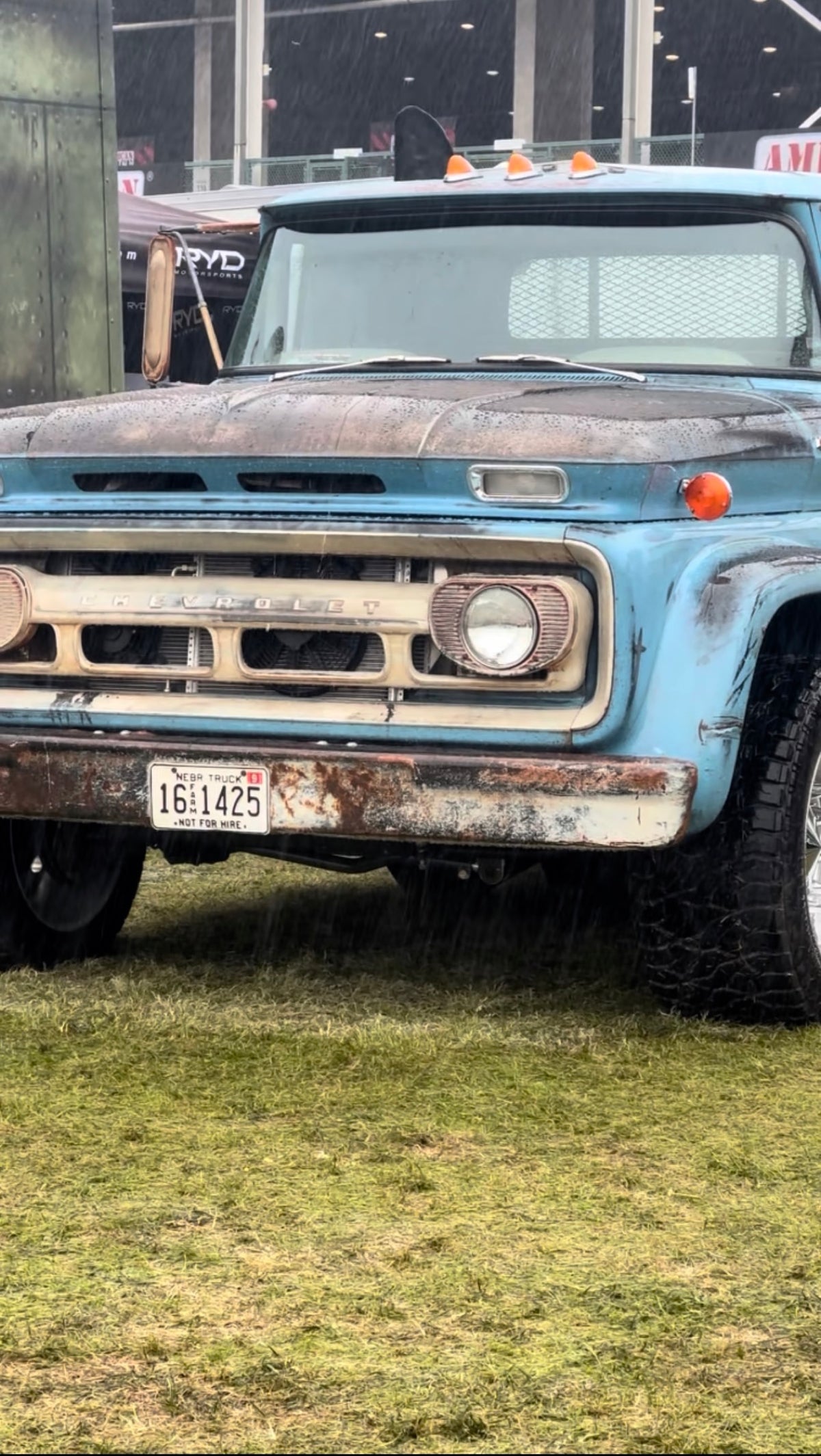 Front of Eeyore, a blue 1962 Chevy Viking