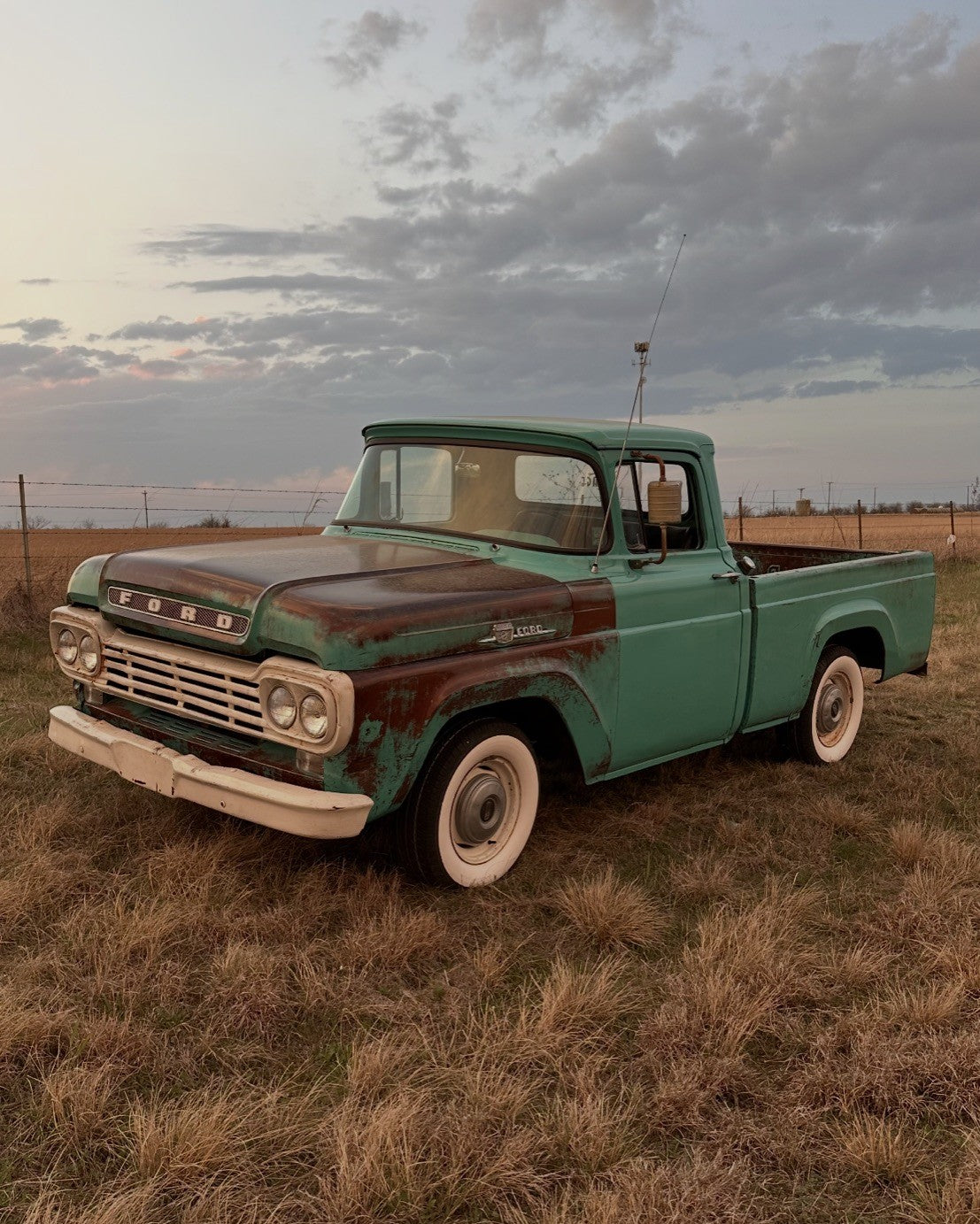 Teal 1959 Ford F100 with patina, parked in a field at sunset