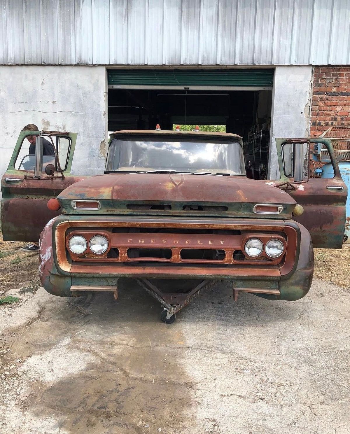 The cab back at the Brown Bros Garage shop