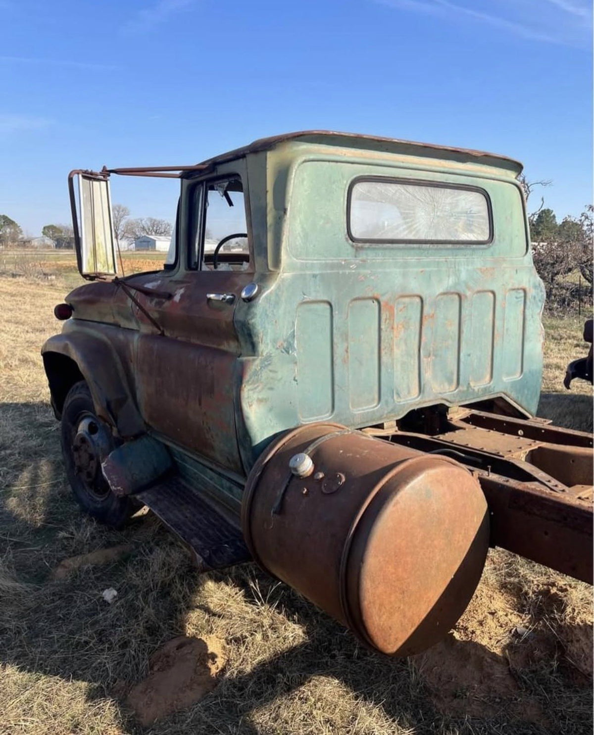 Back of the rusted cab as it was found in the field