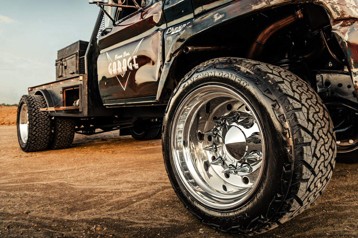 Wheel and tire on General Lee, the 1960 Chevy C60 Viking