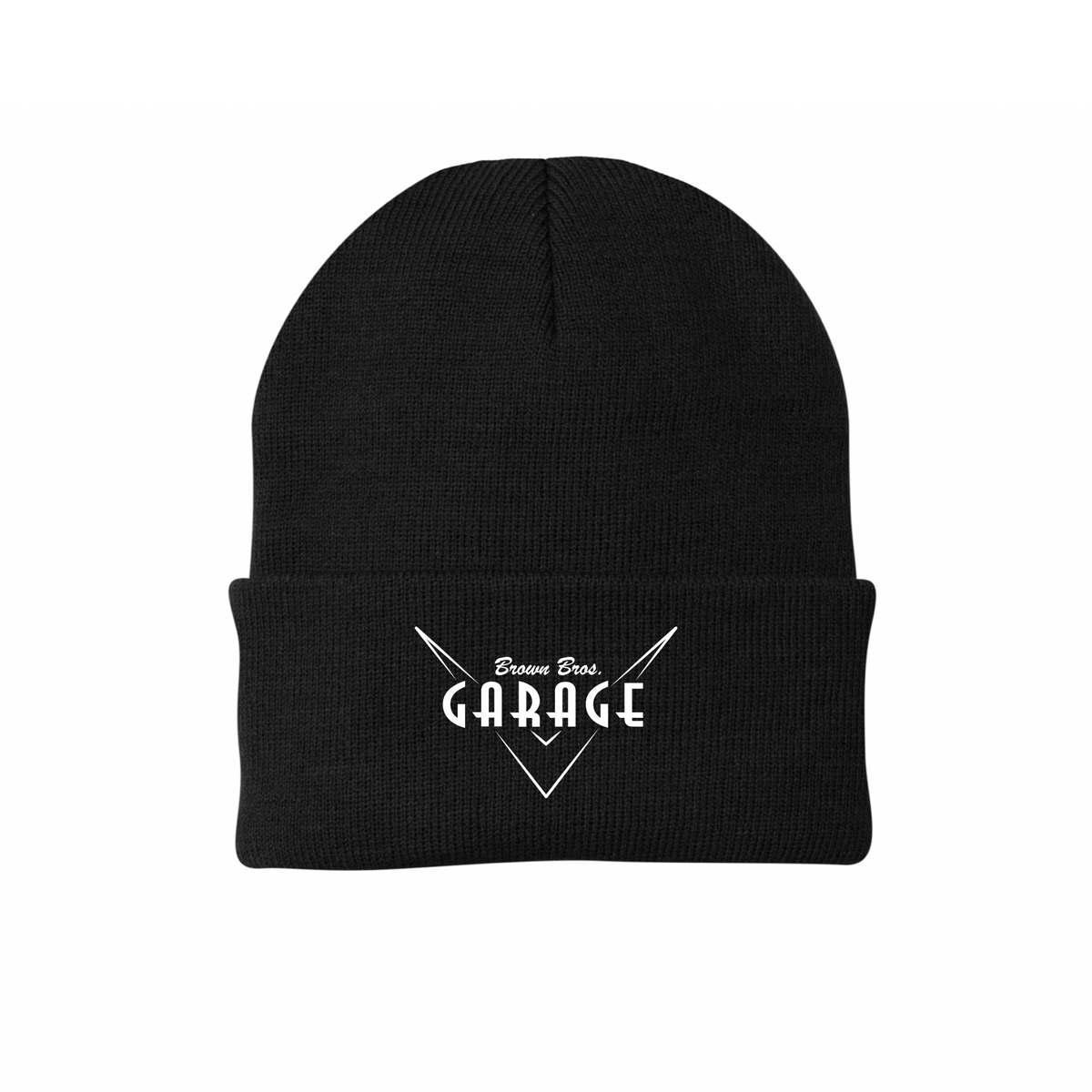 Black cuffed beanie with the embroidered Brown Bros. Garage logo