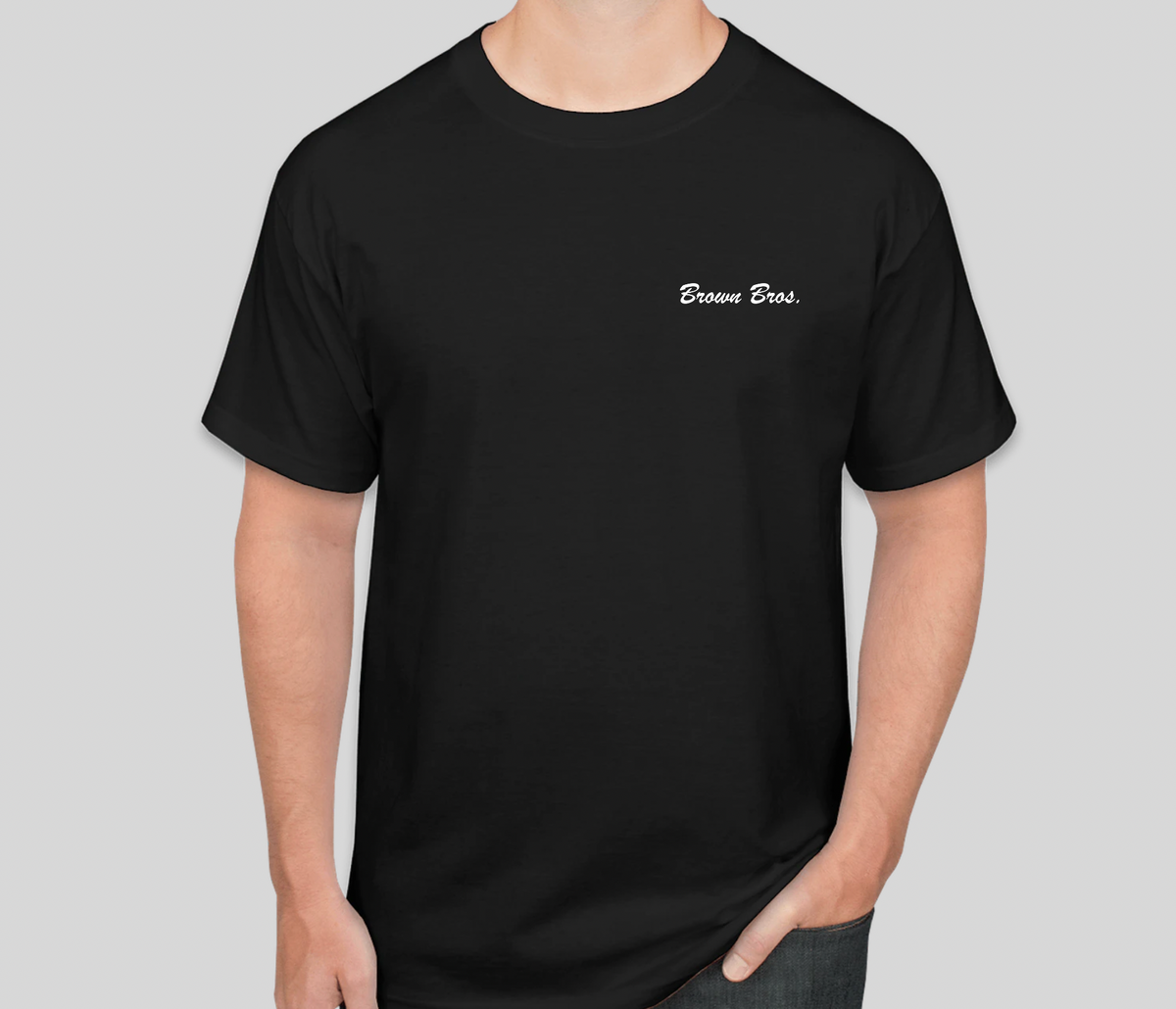Front of the black Viking Tee with Brown Bros. script on the chest