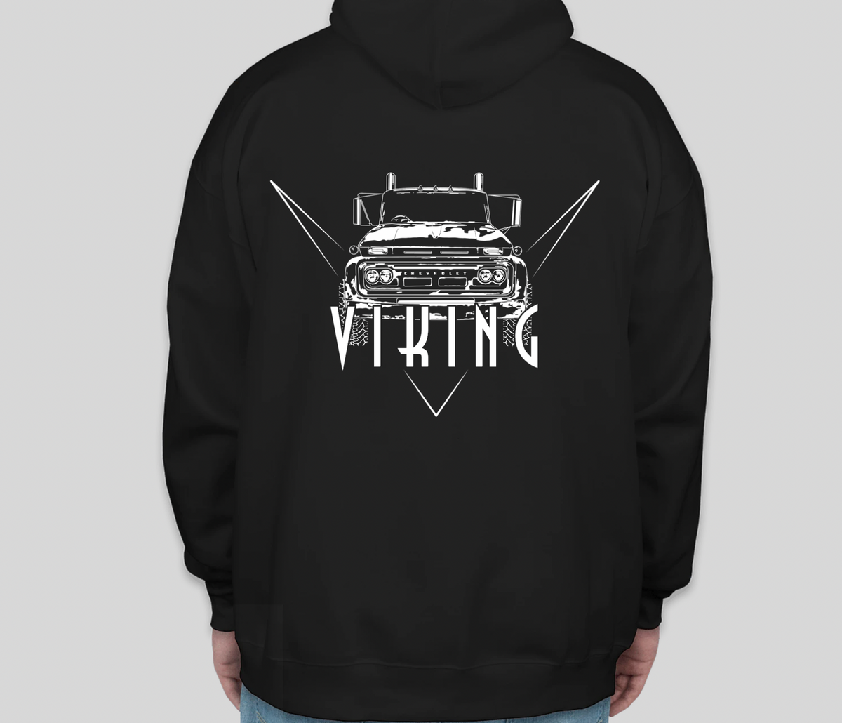 Back of the black Viking Hoodie with the Viking truck graphic