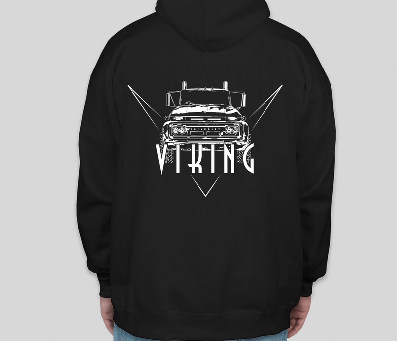 Back of the black Viking Hoodie with the Viking truck graphic