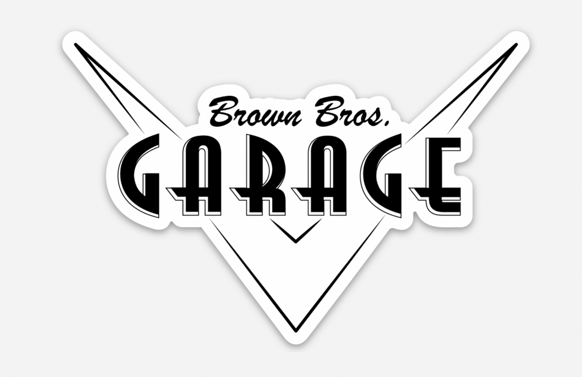 Black-and-white Brown Bros. Garage logo slap sticker