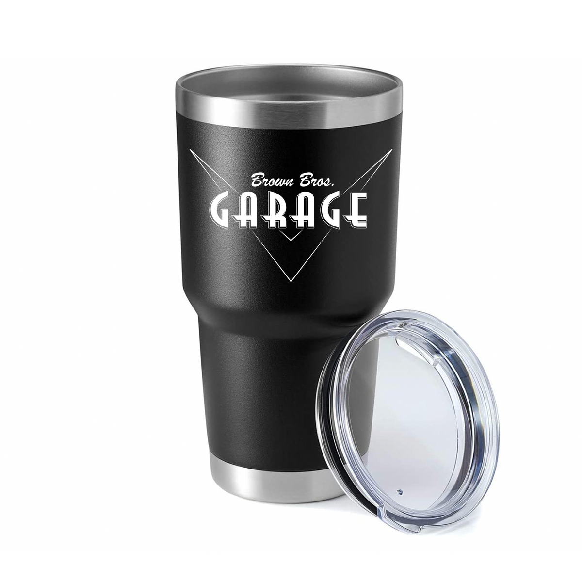 Black 30 oz stainless tumbler with the Brown Bros. Garage logo and clear lid