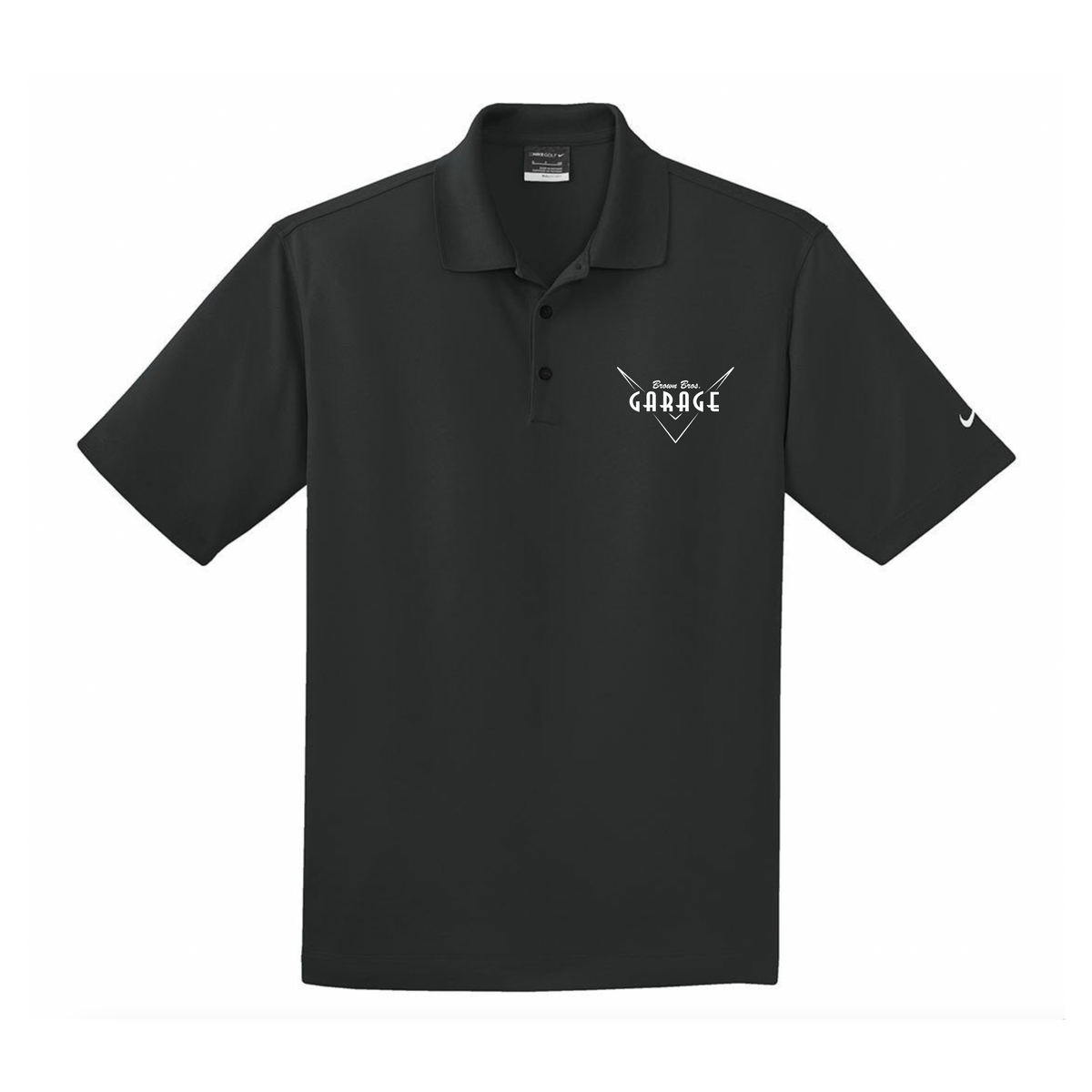Black Nike polo with the embroidered Brown Bros. Garage logo on the chest