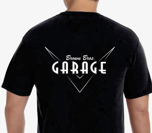 Back of the black Classic Logo Tee with the full Brown Bros. Garage logo