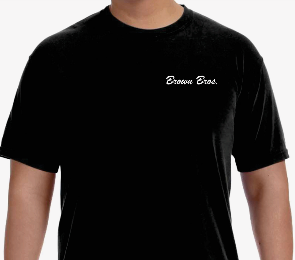 Front of the black Classic Logo Tee with Brown Bros. script on the chest