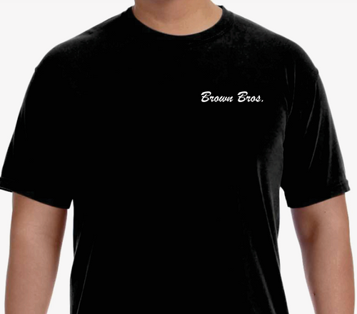 Front of the black Classic Logo Tee with Brown Bros. script on the chest
